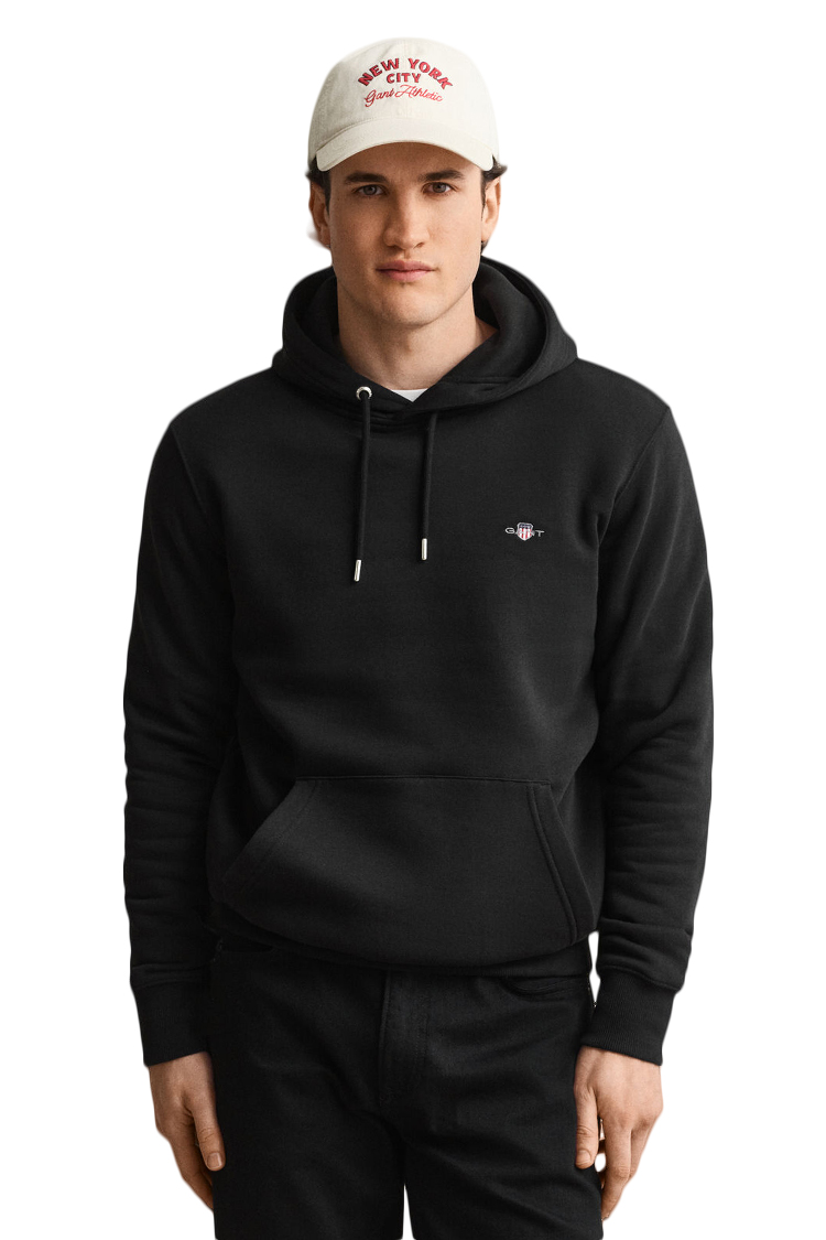 קפוצ'ון גאנט GANT שחור כותנה דגם Shield Hoodie גזרה רגילה רקמה וכיס קנגורו