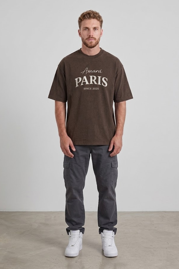 טי שירט אמרה פריז AMARA PARIS חום כותנה דגם Cotton 2025 T גזרה אוברסייז הדפס לוגו גדול בחזה