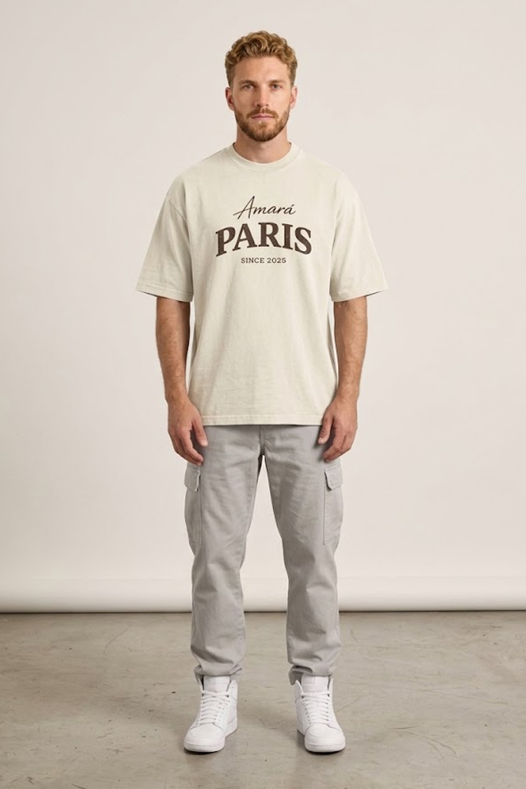 טי שירט אמרה פריז AMARA PARIS קרם כותנה דגם Cotton 2025 T גזרה אוברסייז הדפס לוגו גדול בחזה