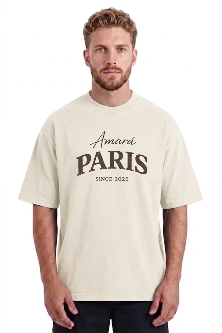 טי שירט אמרה פריז AMARA PARIS קרם כותנה דגם Cotton 2025 T גזרה אוברסייז הדפס לוגו גדול בחזה