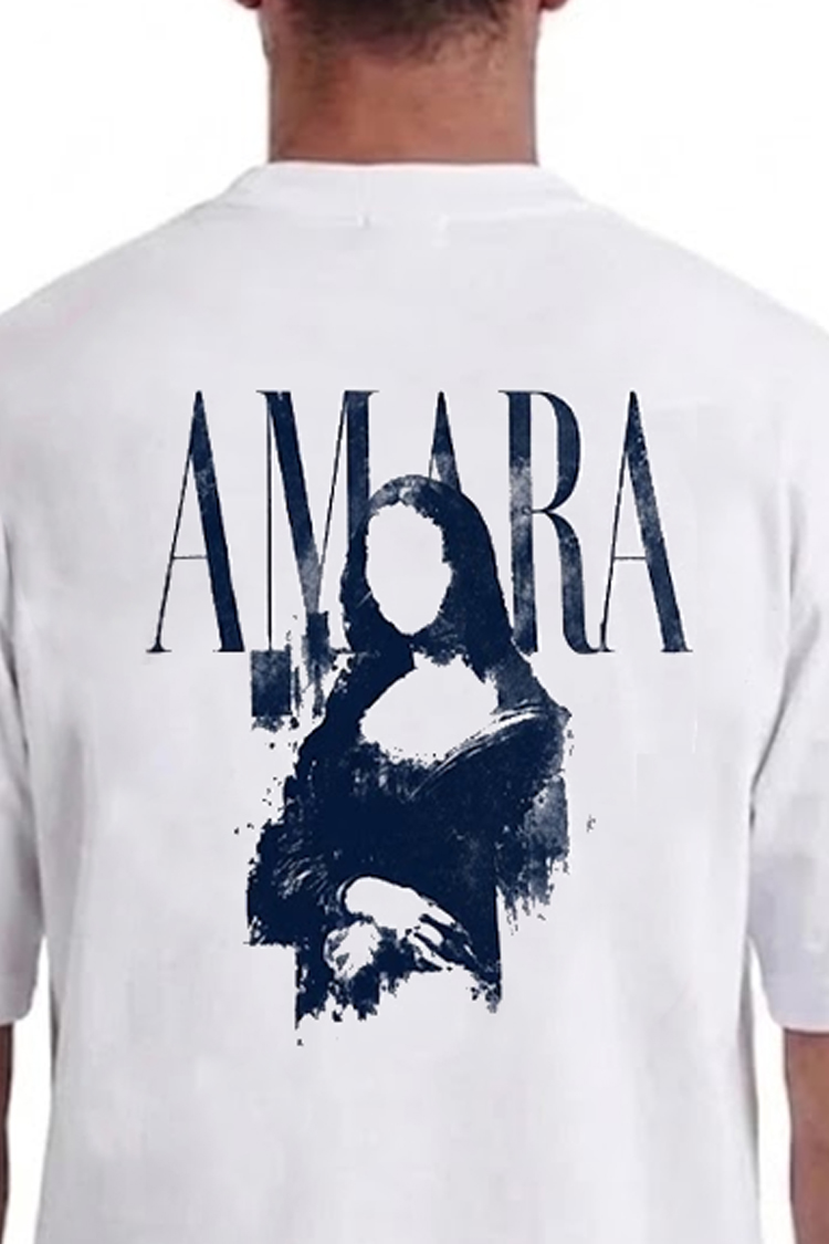 טי שירט אמרה פריז AMARA PARIS לבן כותנה דגם Cotton Paint Mona גזרה אוברסייז הדפס מונה ליזה בגב