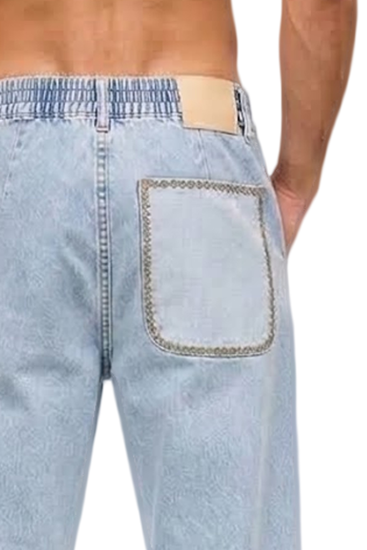 מכנס ג'ינס אמרה פריז AMARA PARIS ג'ינס בהיר דגם Jeans Stitch גזרה רחבה גומי במותניים ותפרי קונטרסט