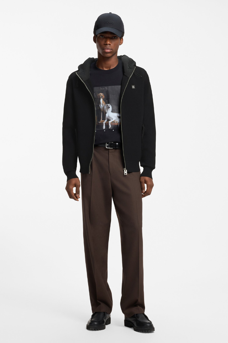 ז’קט קפוצ’ון הוגו HUGO שחור דגם Relaxed-fit hooded jacket פוליאסטר ארוג ניילון לוגו