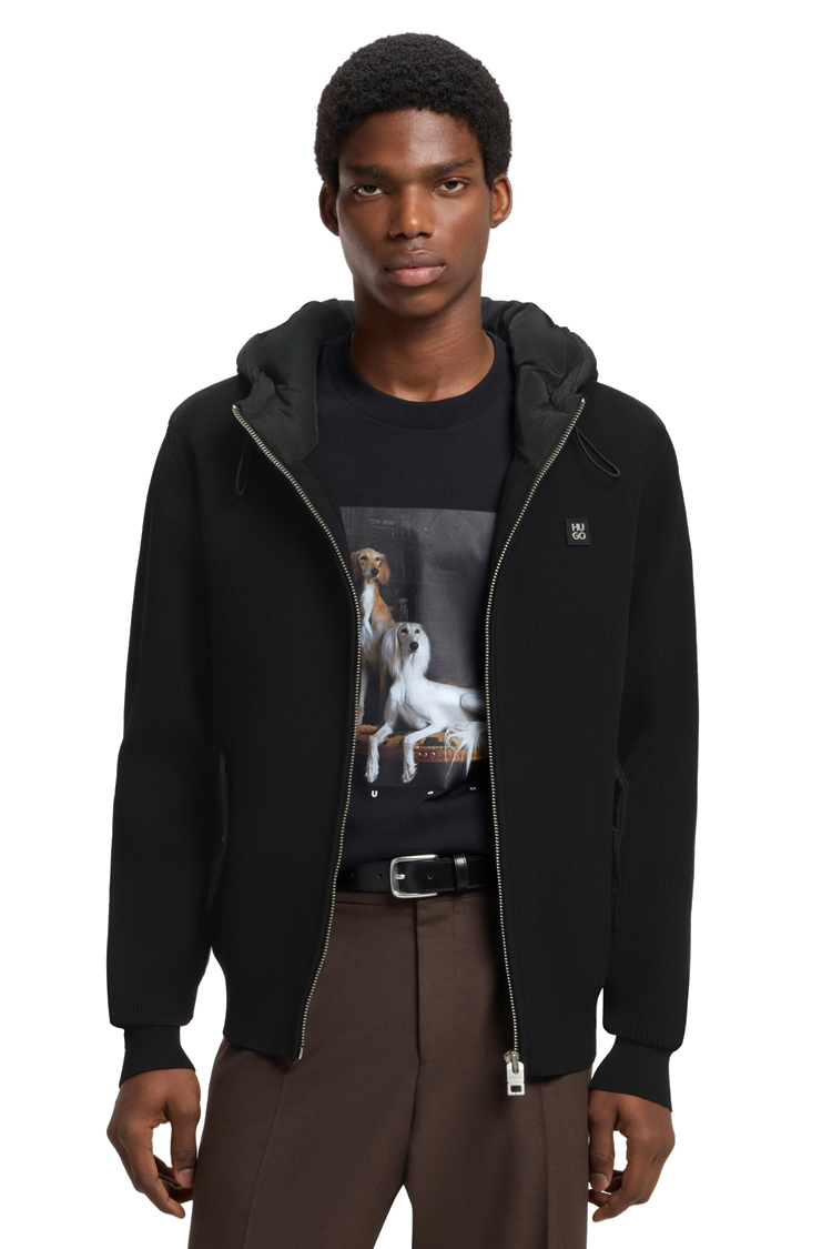 ז'קט קפוצ'ון הוגו HUGO שחור דגם Relaxed-fit hooded jacket פוליאסטר ארוג ניילון לוגו