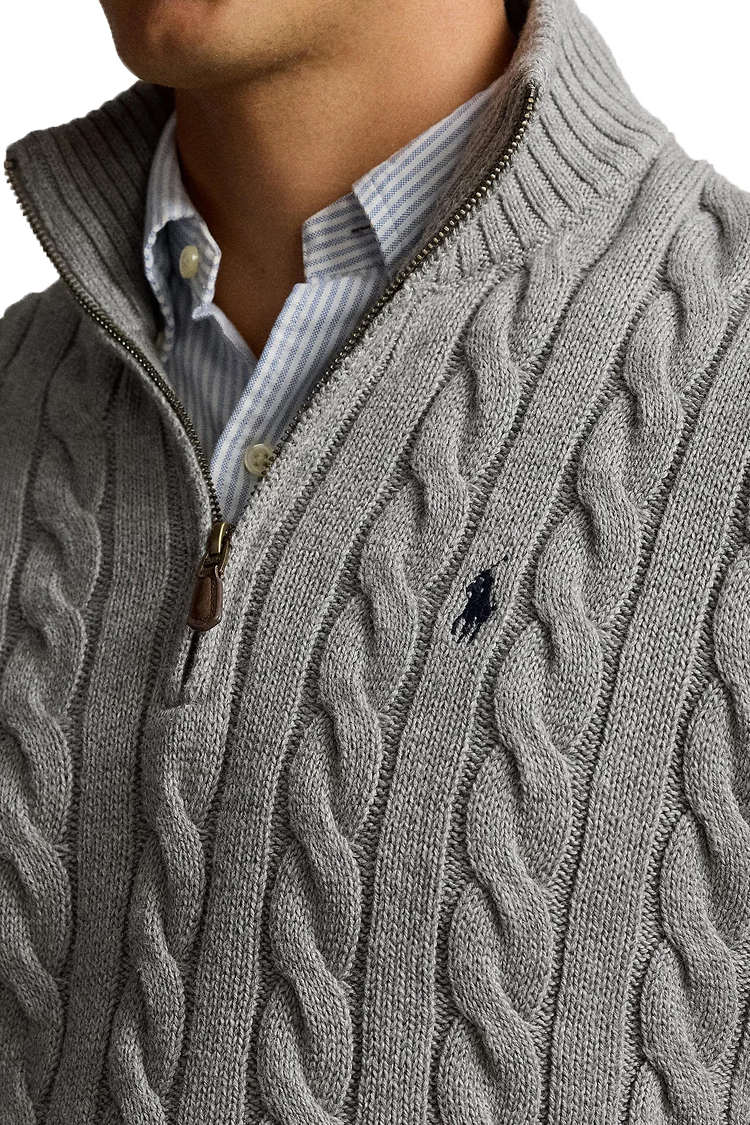 סריג פולו ראלף לורן POLO RALPH LAUREN אפור כותנה דגם Cable-Knit Quarter-Zip צמות לוגו רקום