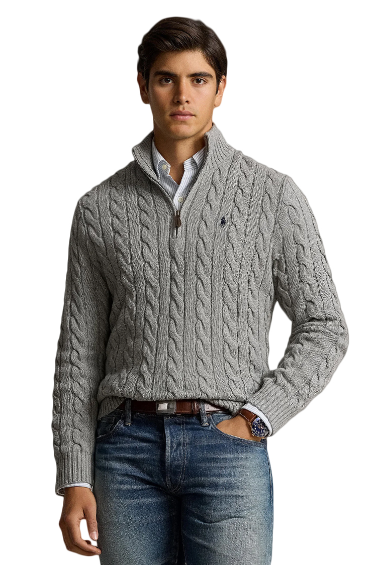 סריג פולו ראלף לורן POLO RALPH LAUREN אפור כותנה דגם Cable-Knit Quarter-Zip צמות לוגו רקום
