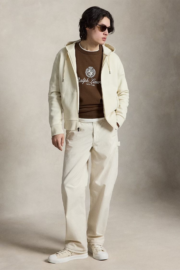 עליונית קפוצ’ון פולו ראלף לורן polo ralph lauren קרם דגם Double-Knit Hoodie תשלובת כותנה רוכסן מלא רקמה