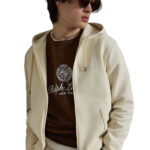 עליונית קפוצ’ון פולו ראלף לורן polo ralph lauren קרם דגם Double-Knit Hoodie תשלובת כותנה רוכסן מלא רקמה