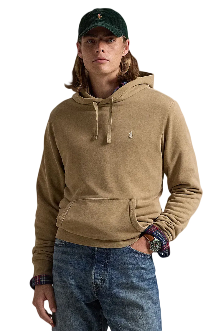 קפוצ'ון פולו ראלף לורן polo ralph lauren בז' דגם Loopback Fleece Hoodie 100 אחוז כותנה כיס קנגורו רקמה