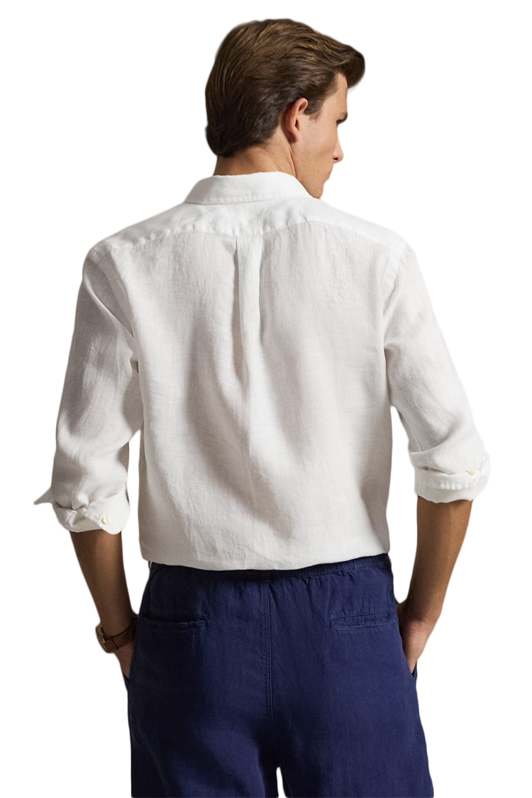 חולצת פשתן פולו ראלף לורן polo ralph lauren לבן דגם Custom Fit Linen Shirt מכופתרת רקמה