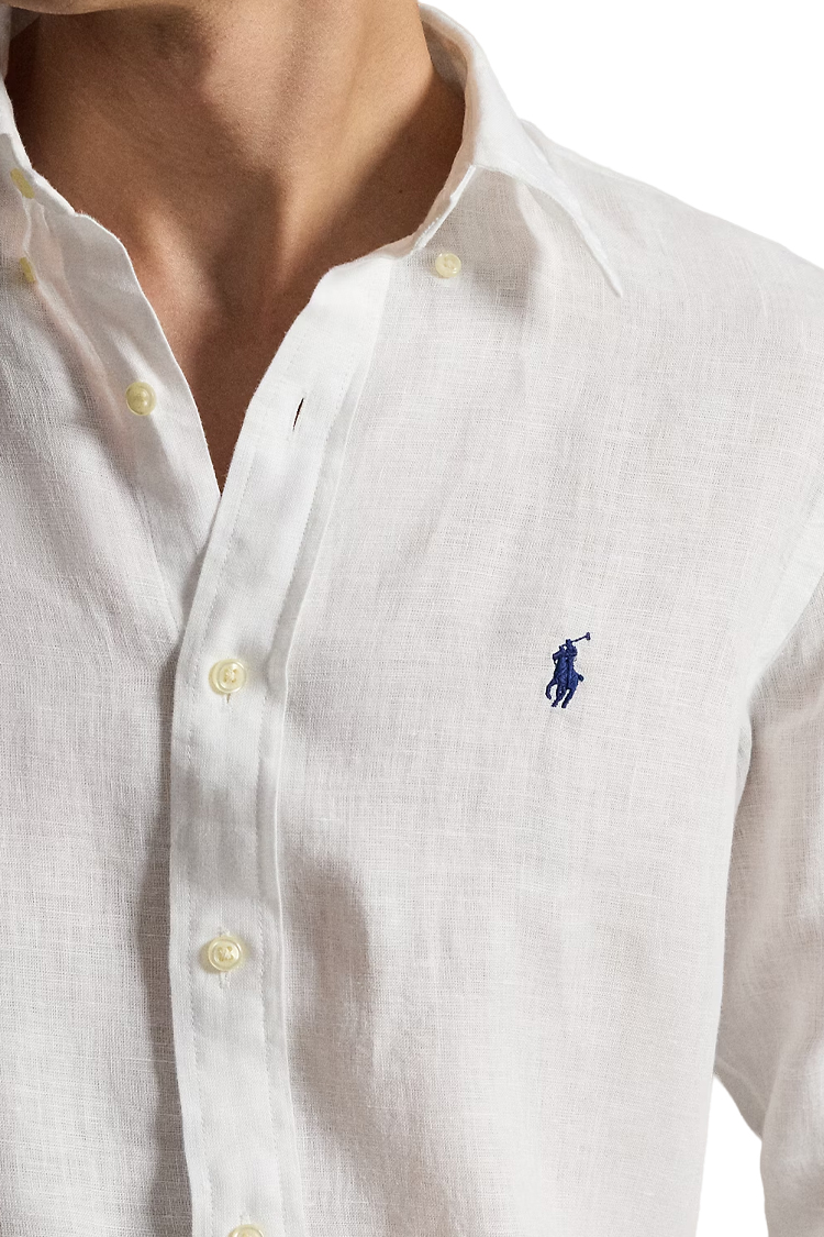 חולצת פשתן פולו ראלף לורן polo ralph lauren לבן דגם Custom Fit Linen Shirt מכופתרת רקמה