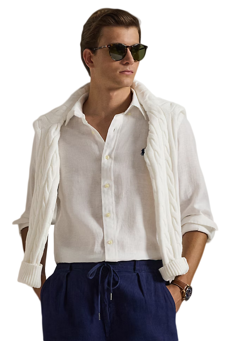 חולצת פשתן פולו ראלף לורן polo ralph lauren לבן דגם Custom Fit Linen Shirt מכופתרת רקמה
