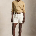 חולצת פשתן פולו ראלף לורן polo ralph lauren קאמל דגם Custom Fit Linen Shirt מכופתרת רקמה