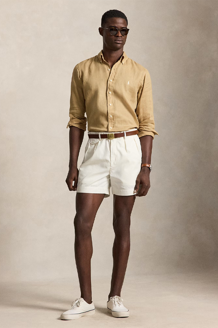 חולצת פשתן פולו ראלף לורן polo ralph lauren קאמל דגם Custom Fit Linen Shirt מכופתרת רקמה