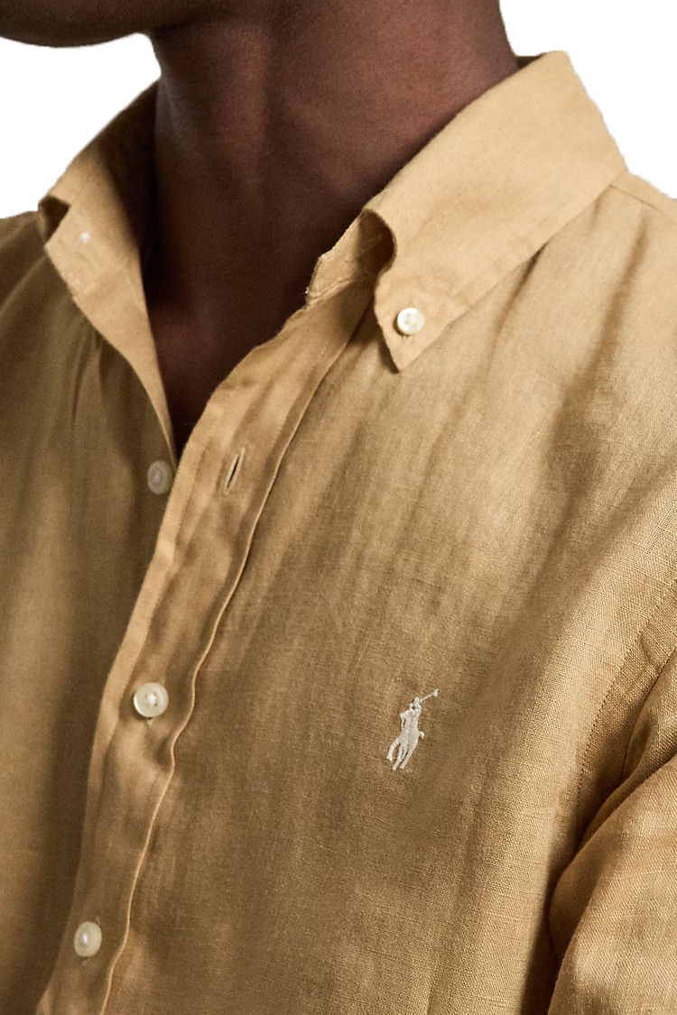 חולצת פשתן פולו ראלף לורן polo ralph lauren קאמל דגם Custom Fit Linen Shirt מכופתרת רקמה