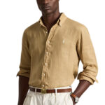חולצת פשתן פולו ראלף לורן polo ralph lauren קאמל דגם Custom Fit Linen Shirt מכופתרת רקמה