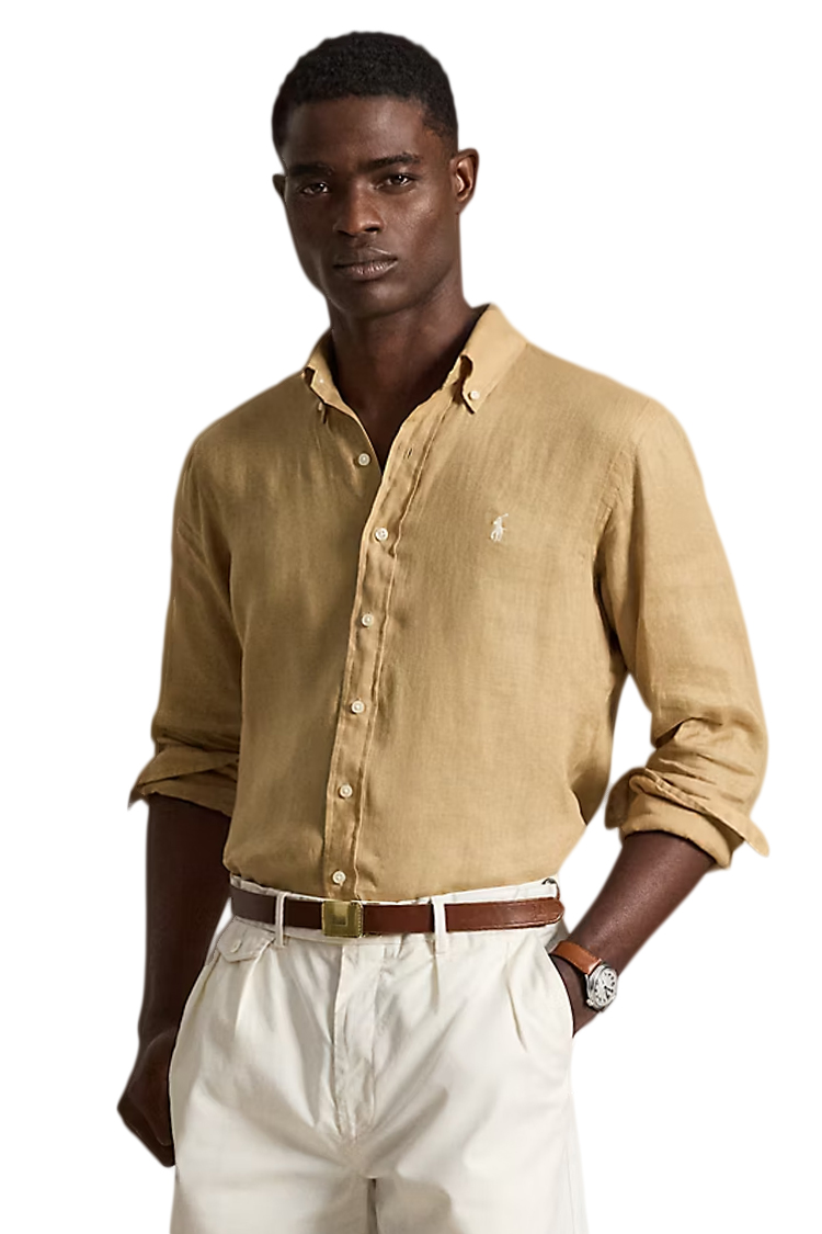 חולצת פשתן פולו ראלף לורן polo ralph lauren קאמל דגם Custom Fit Linen Shirt מכופתרת רקמה