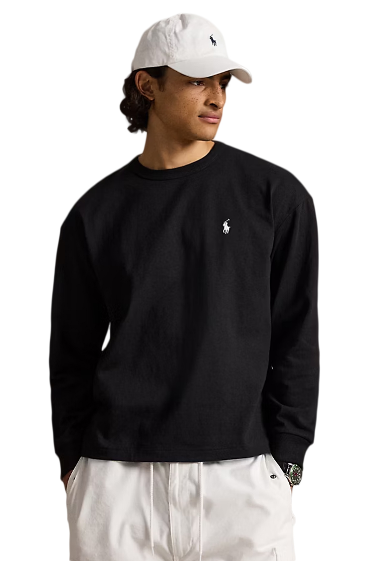 טי שירט ארוכה פולו ראלף לורן polo ralph lauren שחור דגם Relaxed Fit Jersey Long-Sleeve 100 אחוז כותנה שרוול אלסטי רקמה