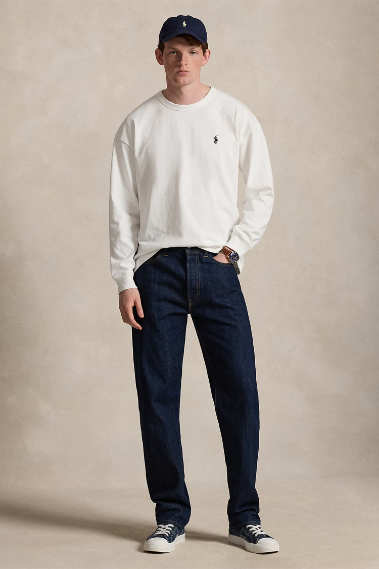 טי שירט ארוכה פולו ראלף לורן polo ralph lauren לבן דגם Relaxed Fit Jersey Long-Sleeve 100 אחוז כותנה שרוול אלסטי רקמה