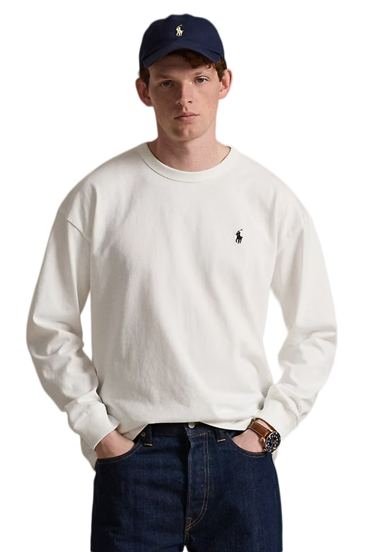 טי שירט ארוכה פולו ראלף לורן polo ralph lauren לבן דגם Relaxed Fit Jersey Long-Sleeve 100 אחוז כותנה שרוול אלסטי רקמה
