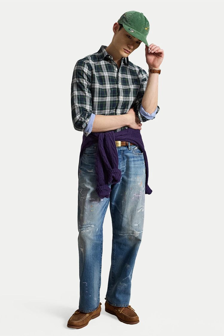 חולצה מכופתרת פולו ראלף לורן POLO RALPH LAUREN ירוק קרם משובץ כותנה דגם Custom Fit Plaid Brushed לוגו רקום