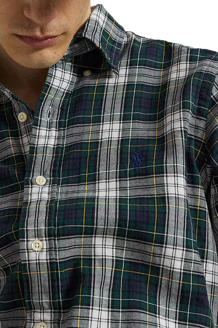 חולצה מכופתרת פולו ראלף לורן POLO RALPH LAUREN ירוק קרם משובץ כותנה דגם Custom Fit Plaid Brushed לוגו רקום