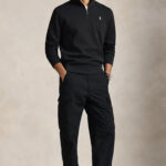 סווטשירט פולו ראלף לורן polo ralph lauren שחור דגם Double-Knit Quarter-Zip Pullover תשלובת כותנה רבע רוכסן רקמה
