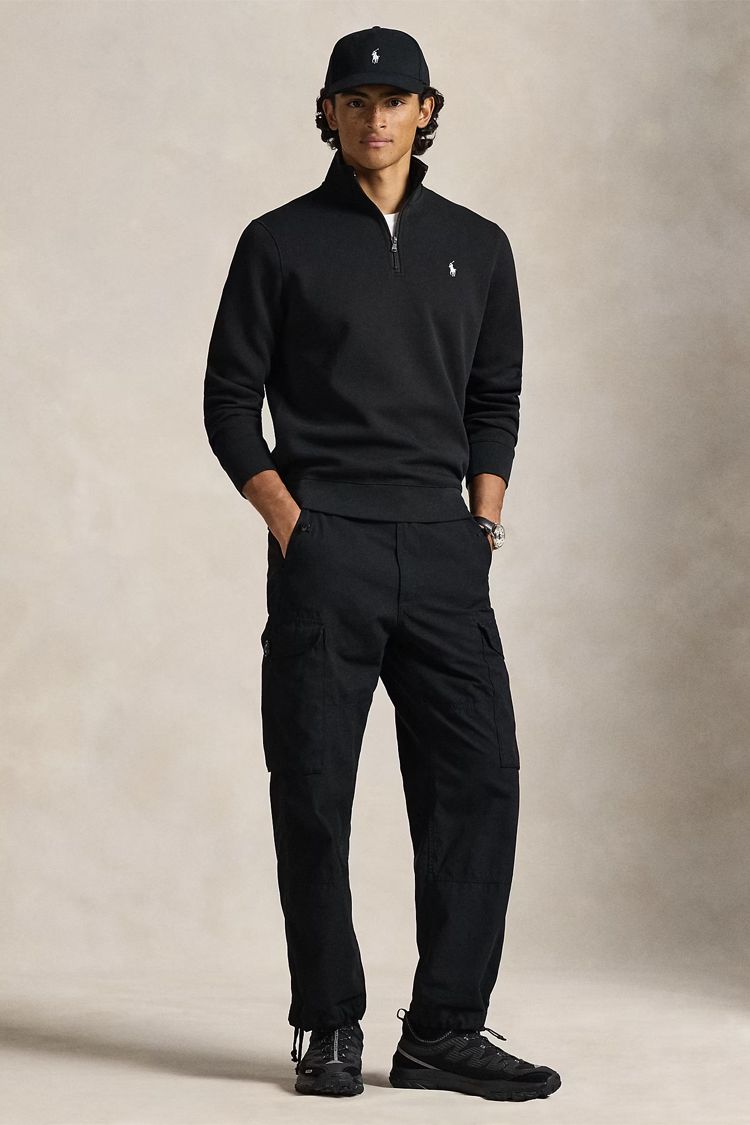 סווטשירט פולו ראלף לורן polo ralph lauren שחור דגם Double-Knit Quarter-Zip Pullover תשלובת כותנה רבע רוכסן רקמה