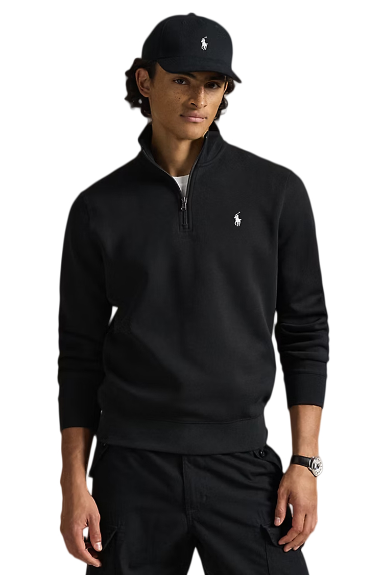 סווטשירט פולו ראלף לורן polo ralph lauren שחור דגם Double-Knit Quarter-Zip Pullover תשלובת כותנה רבע רוכסן רקמה
