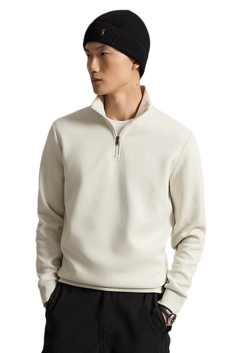 סווטשירט פולו ראלף לורן polo ralph lauren לבן דגם Double-Knit Quarter-Zip Pullover תשלובת כותנה רבע רוכסן רקמה