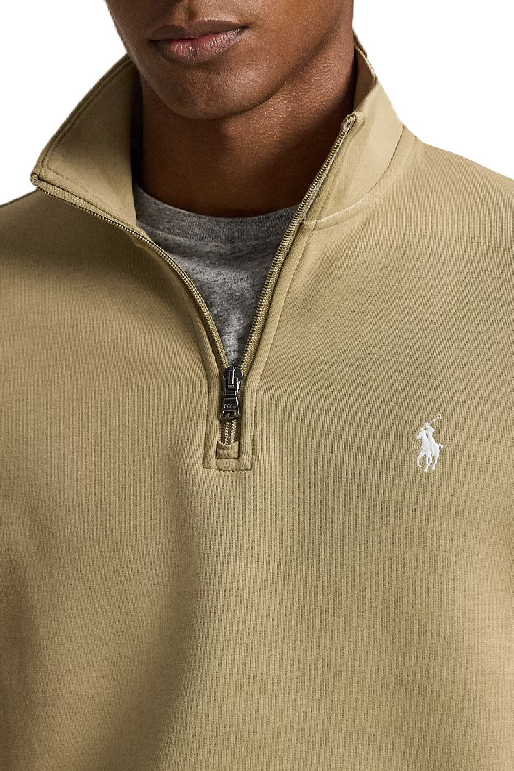 סווטשירט פולו ראלף לורן polo ralph lauren בז' דגם Double-Knit Quarter-Zip Pullover תשלובת כותנה רבע רוכסן רקמה