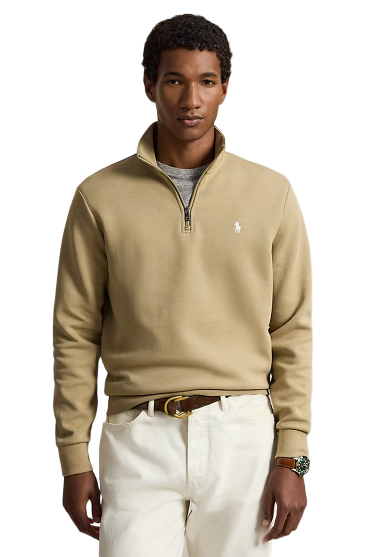 סווטשירט פולו ראלף לורן polo ralph lauren בז' דגם Double-Knit Quarter-Zip Pullover תשלובת כותנה רבע רוכסן רקמה