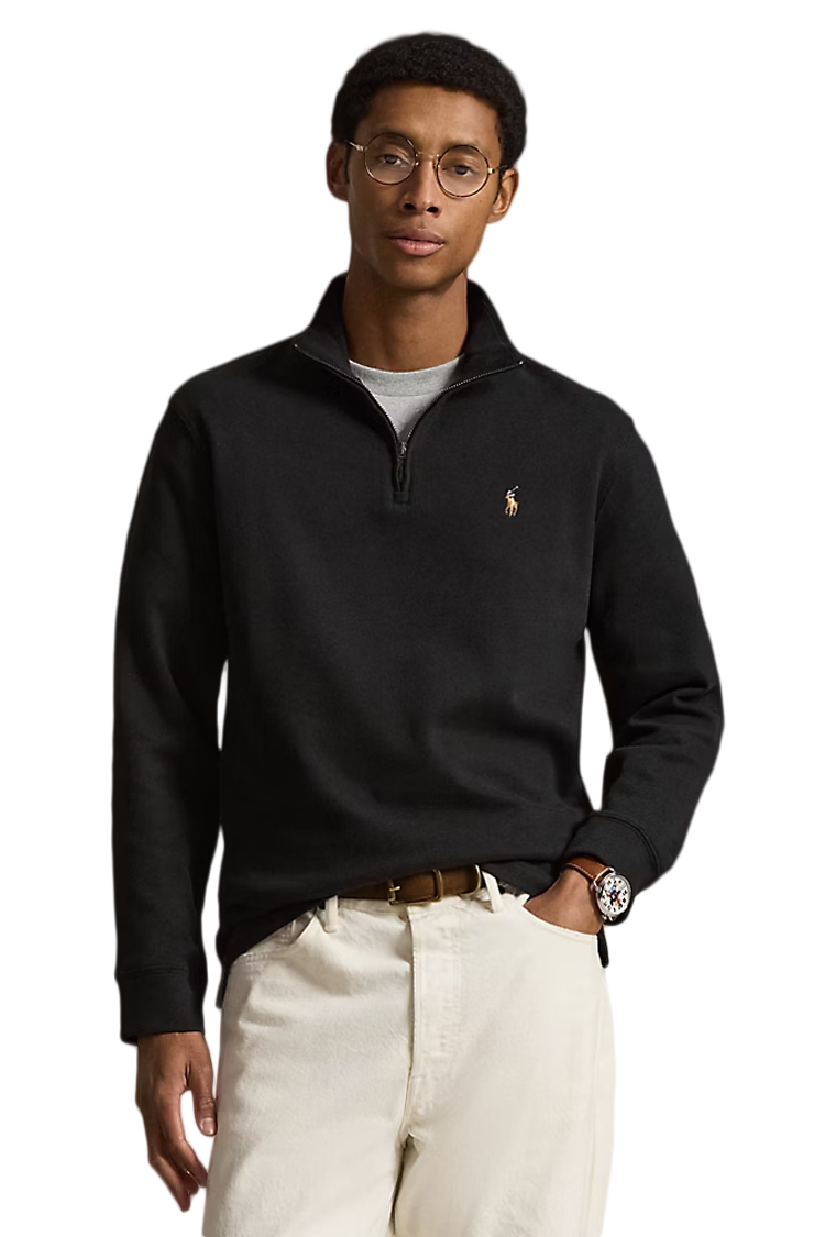 סווטשירט פולו ראלף לורן polo ralph lauren שחור דגם Estate-Rib Quarter-Zip Pullover 100 אחוז כותנה קל משקל רבע רוכסן רקמה