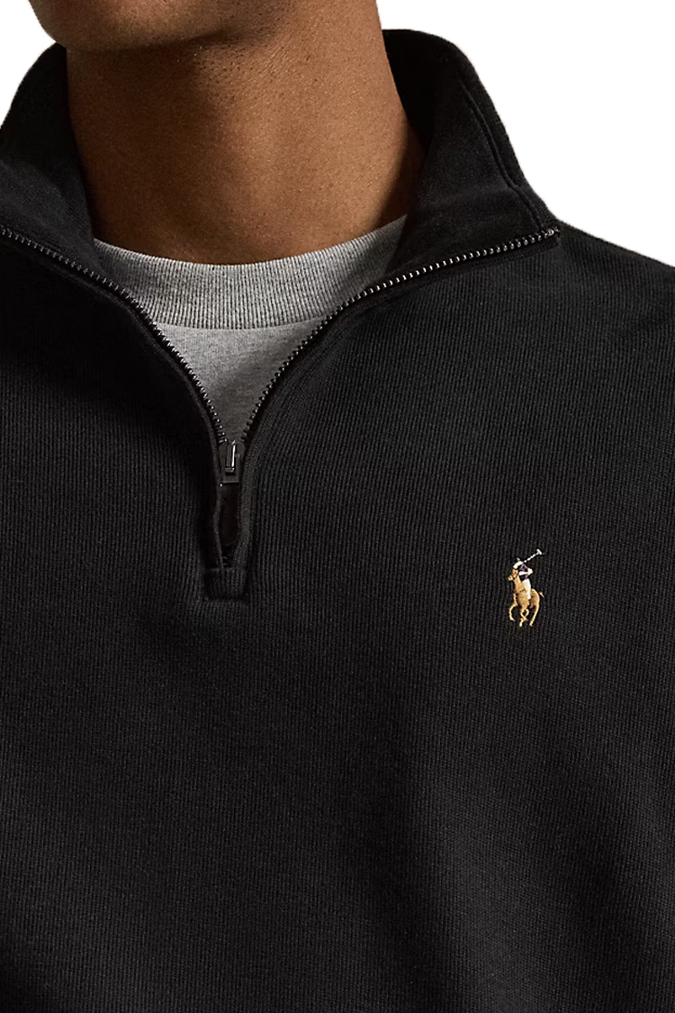 סווטשירט פולו ראלף לורן polo ralph lauren שחור דגם Estate-Rib Quarter-Zip Pullover 100 אחוז כותנה קל משקל רבע רוכסן רקמה