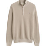 סריג גאנט GANT בז׳ כותנה דגם Waffle Cotton Half-Zip וופל טקסטורה חצי רוכסן רקמה