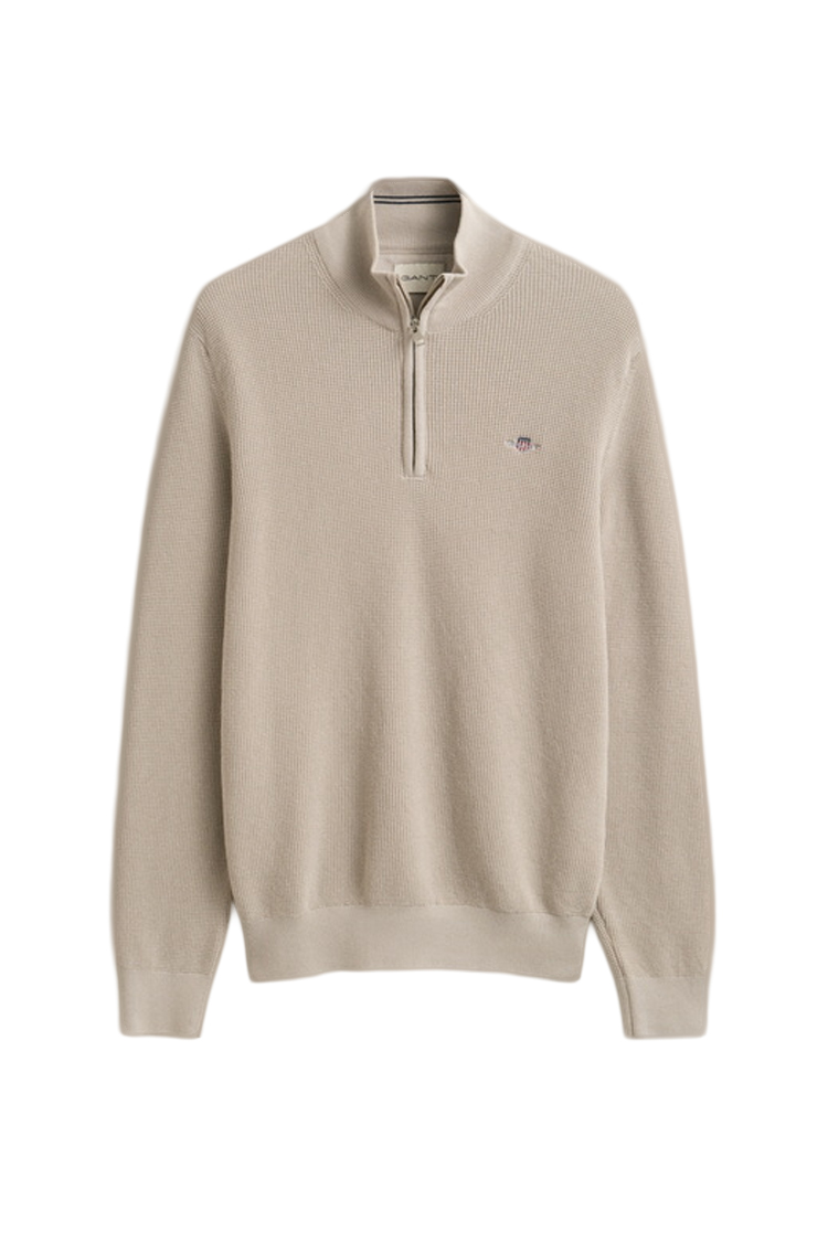 סריג גאנט GANT בז׳ כותנה דגם Waffle Cotton Half-Zip וופל טקסטורה חצי רוכסן רקמה