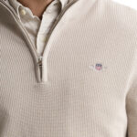 סריג גאנט GANT בז׳ כותנה דגם Waffle Cotton Half-Zip וופל טקסטורה חצי רוכסן רקמה