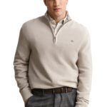 סריג גאנט GANT בז׳ כותנה דגם Waffle Cotton Half-Zip וופל טקסטורה חצי רוכסן רקמה