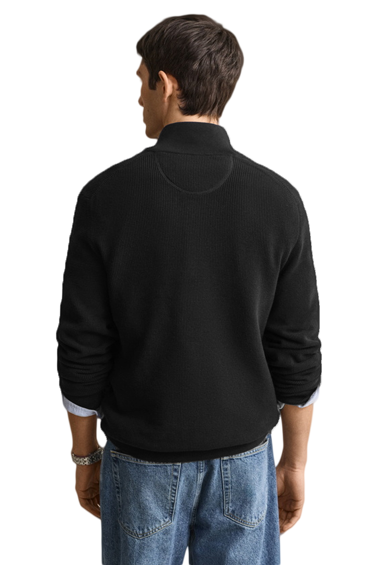 סריג גאנט GANT שחור כותנה דגם Waffle Cotton Half-Zip וופל טקסטורה חצי רוכסן רקמה