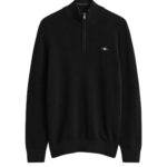 סריג גאנט GANT שחור כותנה דגם Waffle Cotton Half-Zip וופל טקסטורה חצי רוכסן רקמה