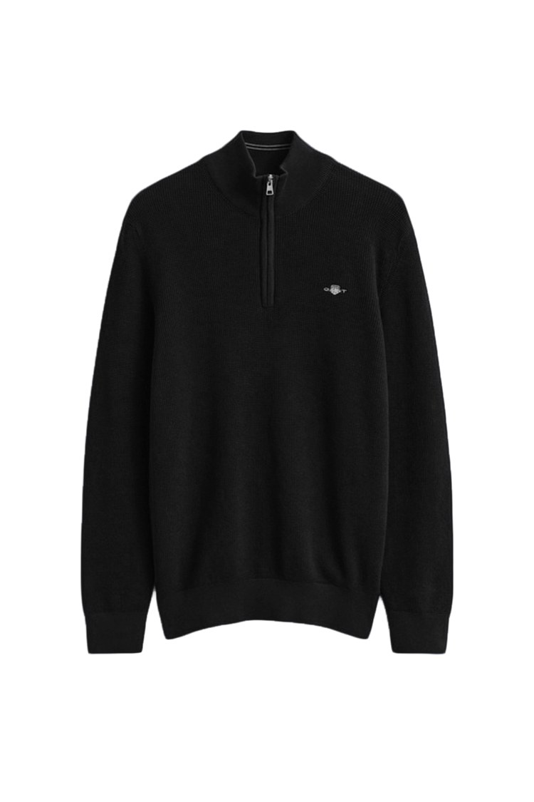 סריג גאנט GANT שחור כותנה דגם Waffle Cotton Half-Zip וופל טקסטורה חצי רוכסן רקמה