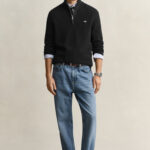 סריג גאנט GANT שחור כותנה דגם Waffle Cotton Half-Zip וופל טקסטורה חצי רוכסן רקמה