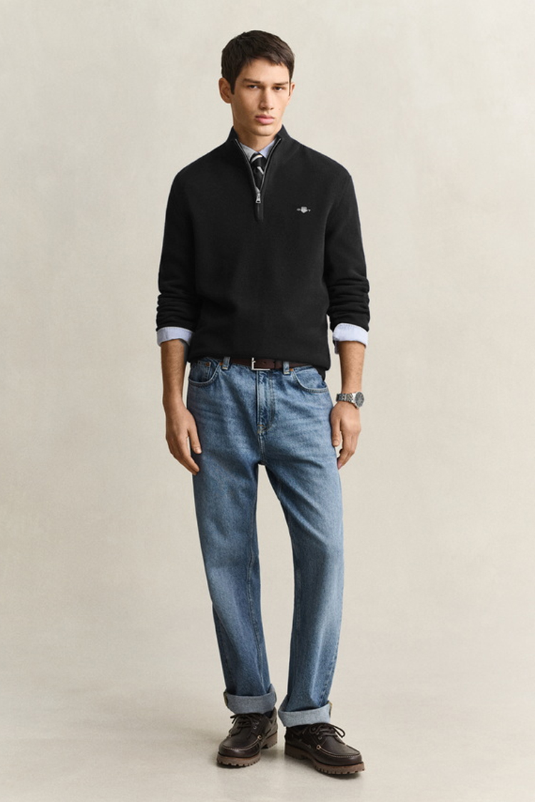 סריג גאנט GANT שחור כותנה דגם Waffle Cotton Half-Zip וופל טקסטורה חצי רוכסן רקמה