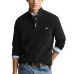 סריג גאנט GANT שחור כותנה דגם Waffle Cotton Half-Zip וופל טקסטורה חצי רוכסן רקמה