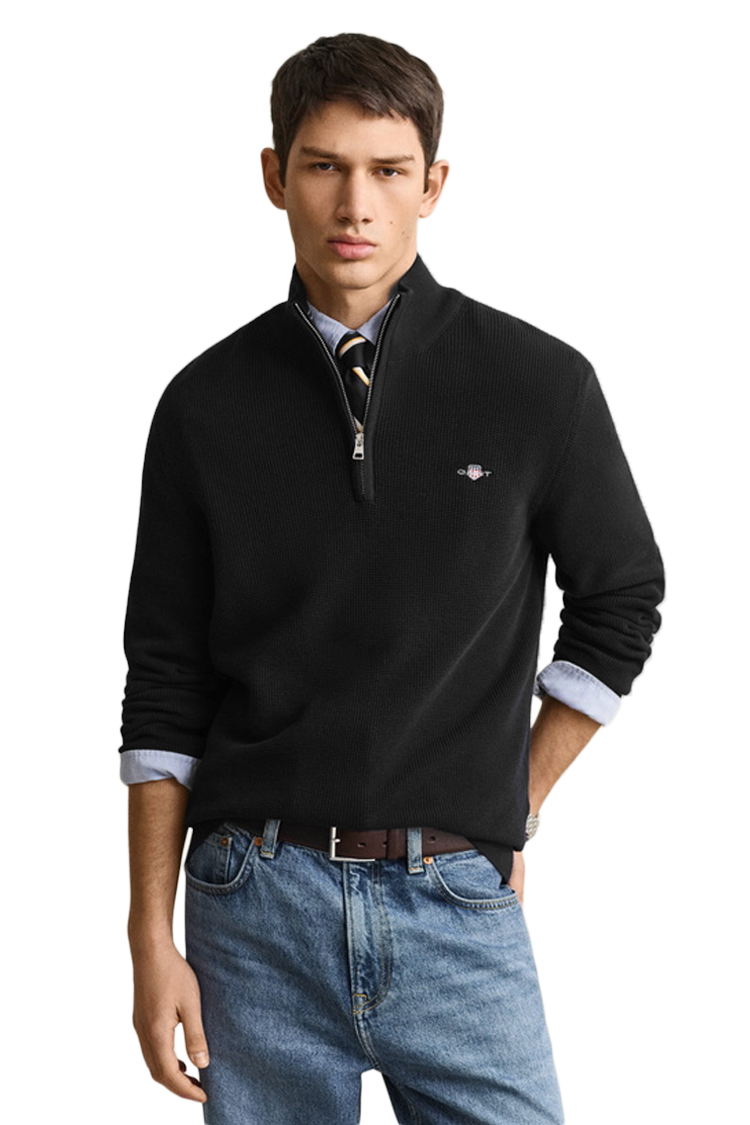 סריג גאנט GANT שחור כותנה דגם Waffle Cotton Half-Zip וופל טקסטורה חצי רוכסן רקמה