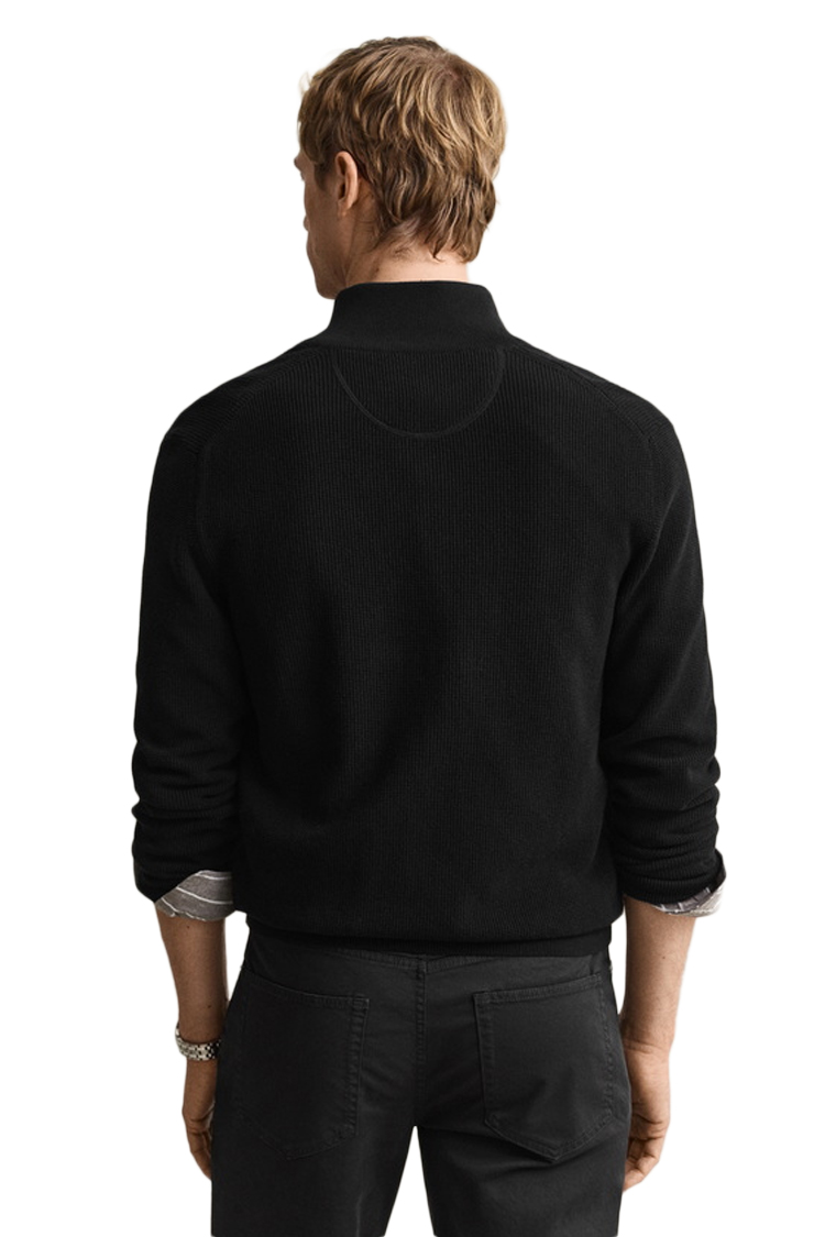 קרדיגן גאנט GANT שחור כותנה דגם Waffle Zip Cardigan וופל טקסטורה רוכסן מלא רקמה