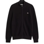 קרדיגן גאנט GANT שחור כותנה דגם Waffle Zip Cardigan וופל טקסטורה רוכסן מלא רקמה