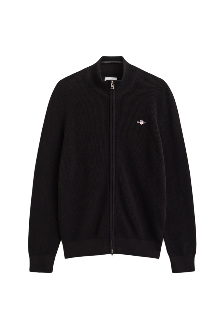 קרדיגן גאנט GANT שחור כותנה דגם Waffle Zip Cardigan וופל טקסטורה רוכסן מלא רקמה