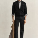 קרדיגן גאנט GANT שחור כותנה דגם Waffle Zip Cardigan וופל טקסטורה רוכסן מלא רקמה