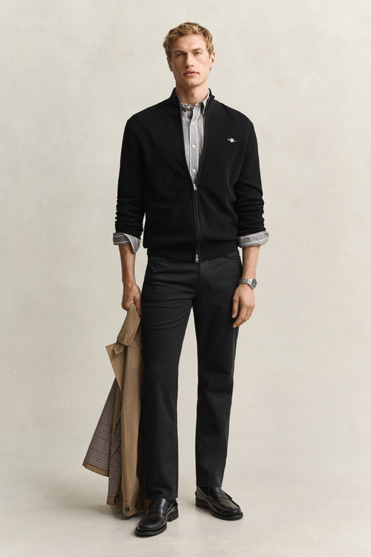 קרדיגן גאנט GANT שחור כותנה דגם Waffle Zip Cardigan וופל טקסטורה רוכסן מלא רקמה